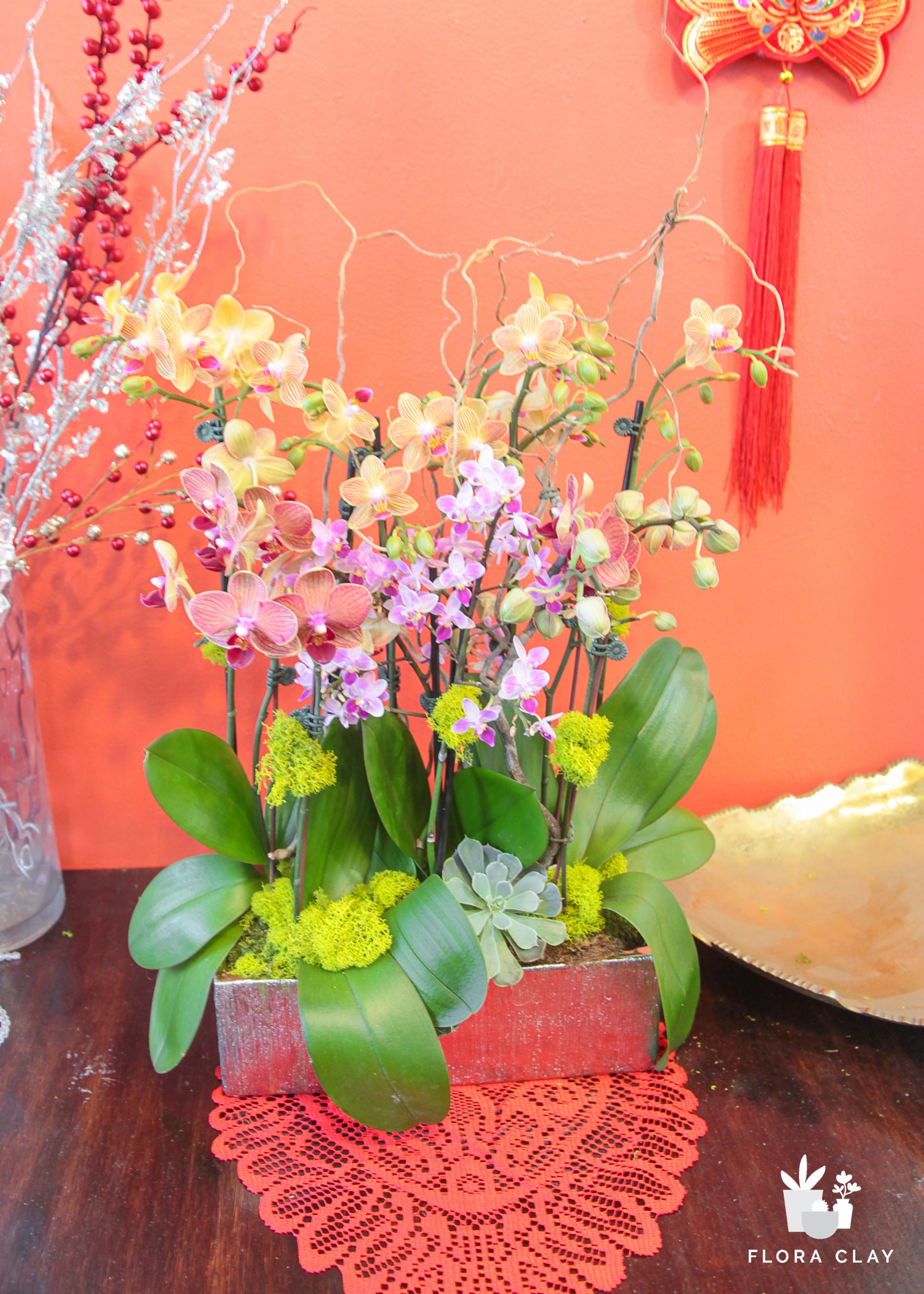 Happy Year Orchid Arrangement in a Silver Pot