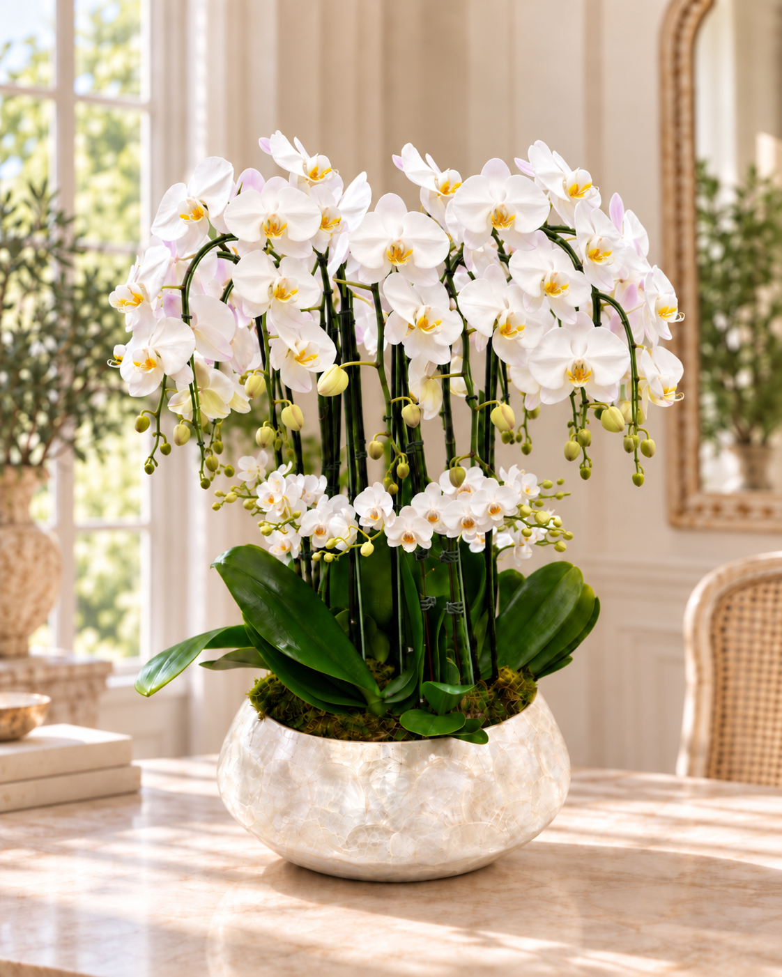 Shop the Pearl Cascade White Orchid Garden, a luxury white Phalaenopsis arrangement in a pearl-finish bowl. Hand-delivered across Los Angeles by Flora Clay.