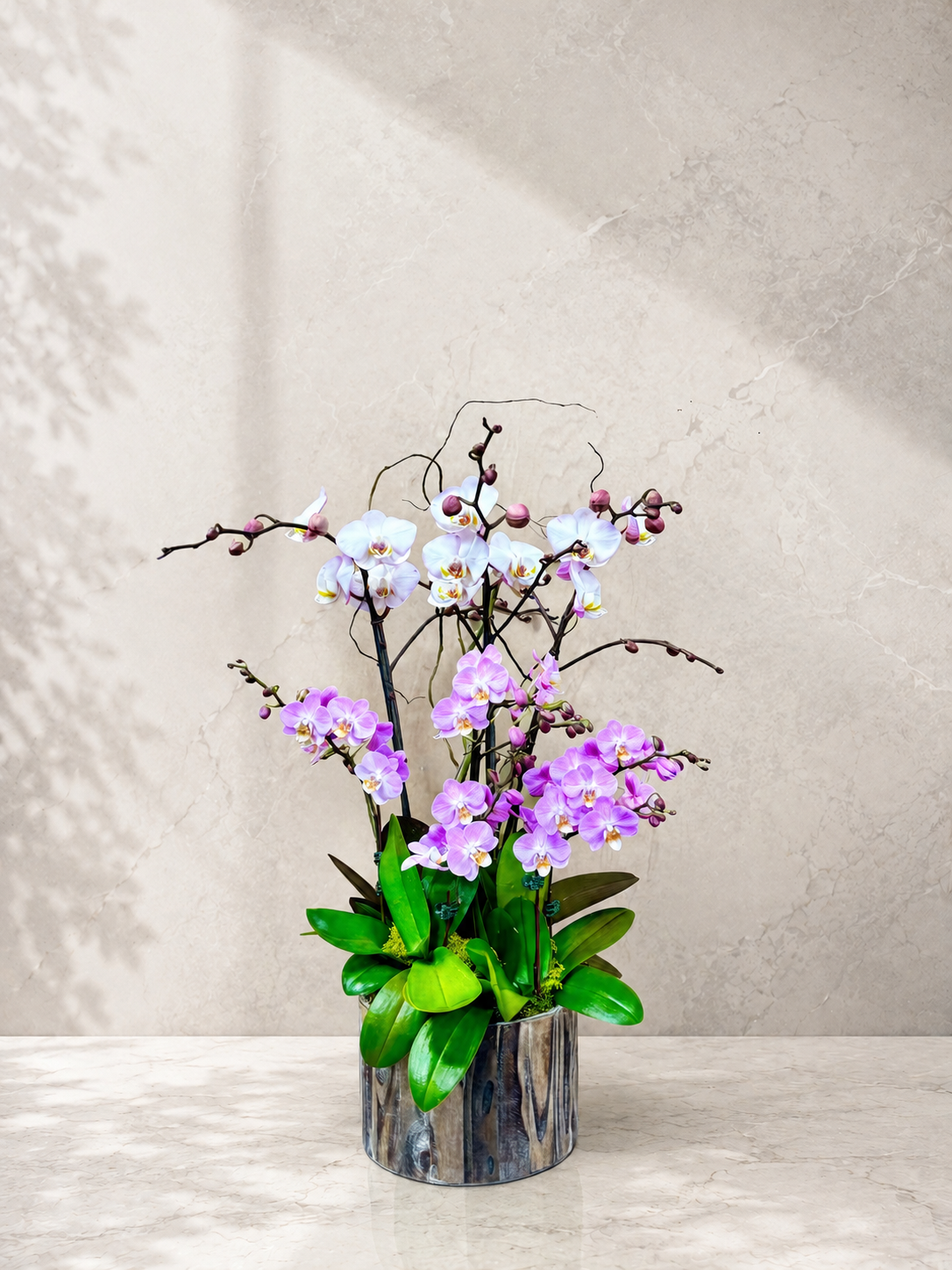 A potted artificial orchid arrangement with white and purple flowers, green leaves, and dark brown stems in a cylindrical wood-look vase, set on a light stone surface against a textured beige wall.
