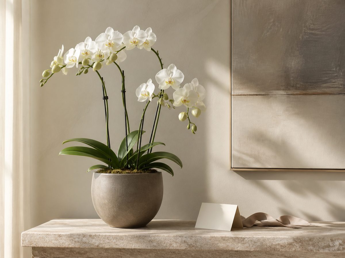 White orchid client gift in a clay planter