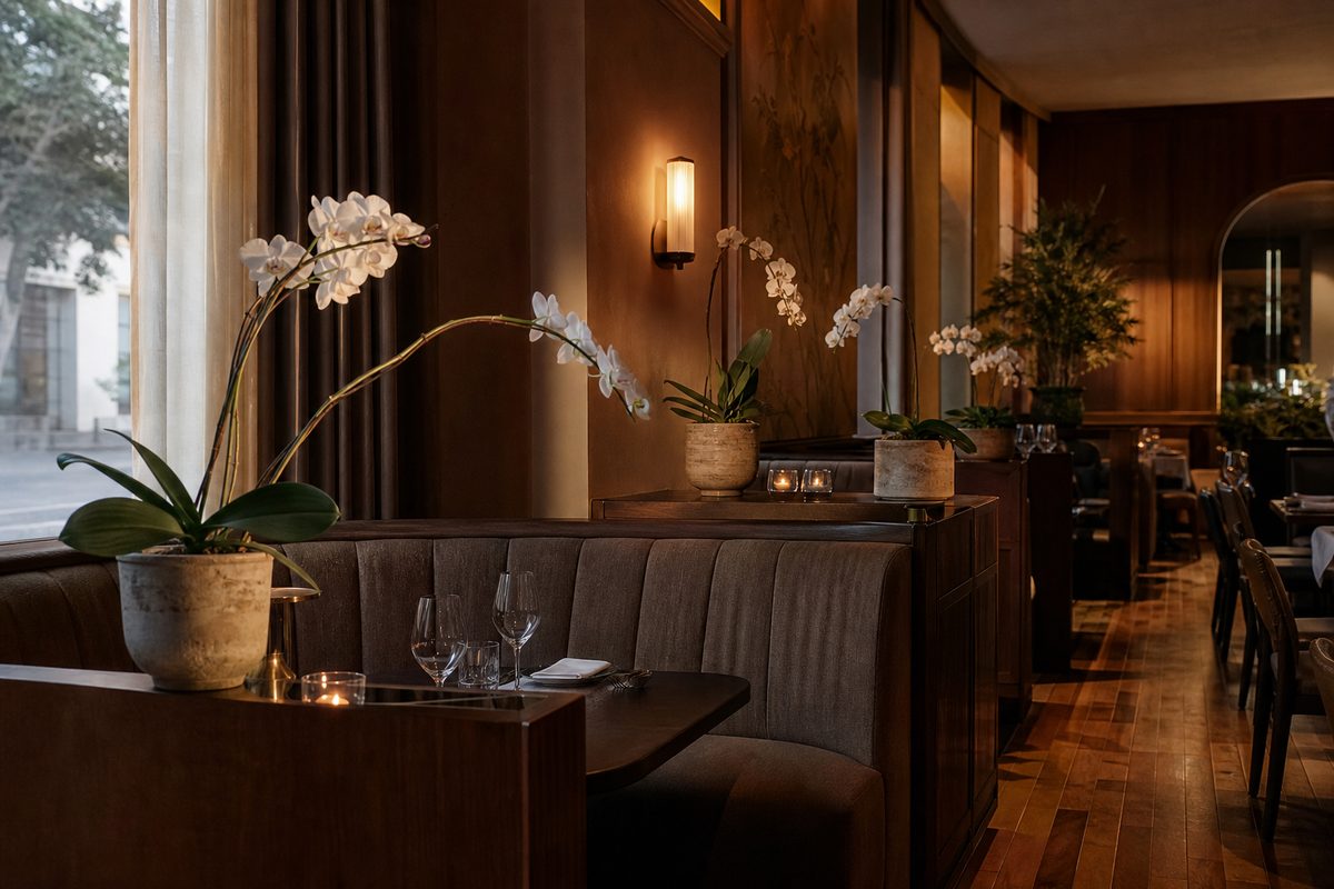 White orchid arrangements styled throughout a restaurant