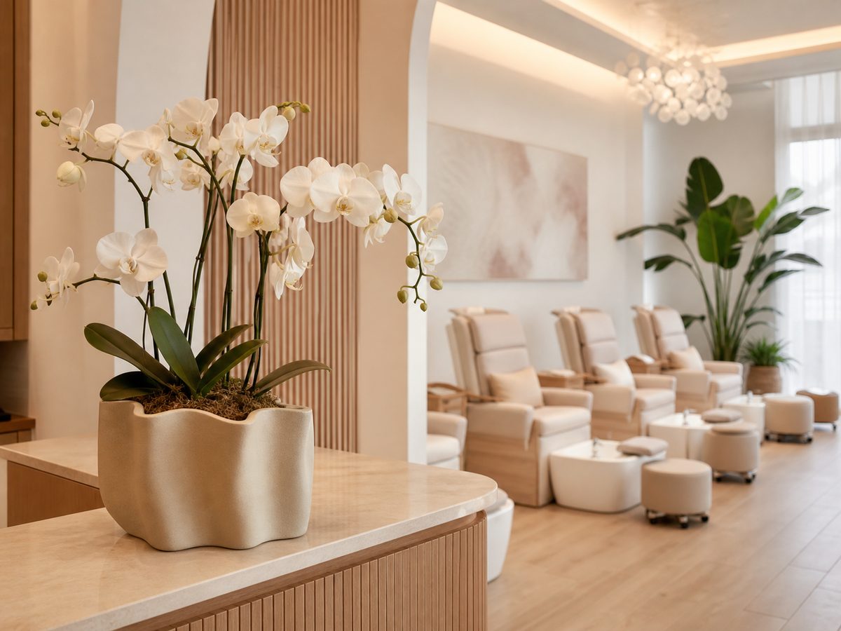 White orchid arrangement at an elegant nail salon checkout