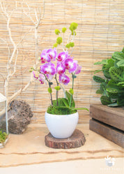 A pink floral arrangement displayed in a white pot, placed on a wooden surface with a thatched background.