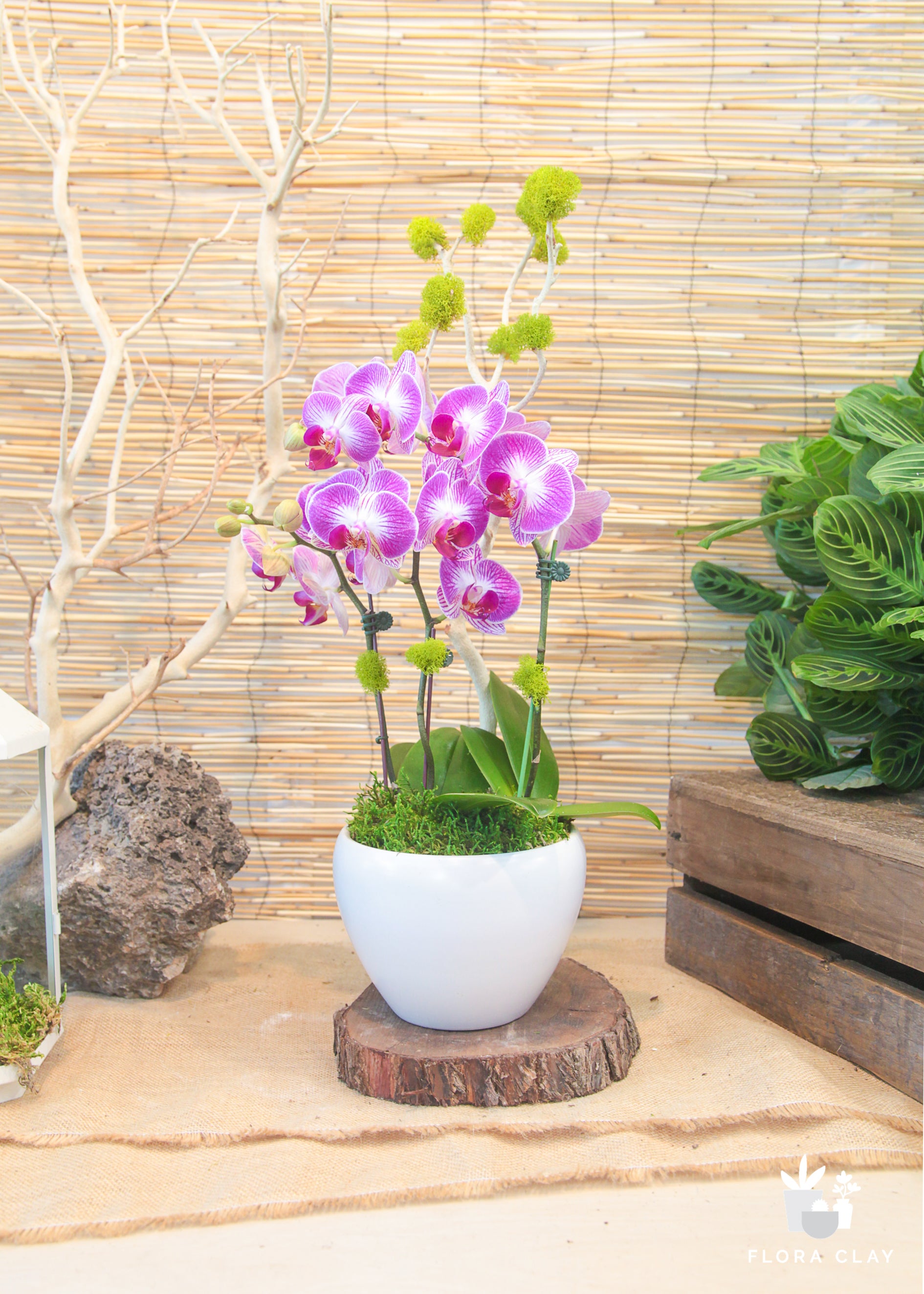 A pink floral arrangement displayed in a white pot, placed on a wooden surface with a thatched background.